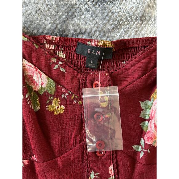 E Hanger M Peasant Red Smocked Back Sweetheart Neckline Blouse Size Large - Picture 9 of 11